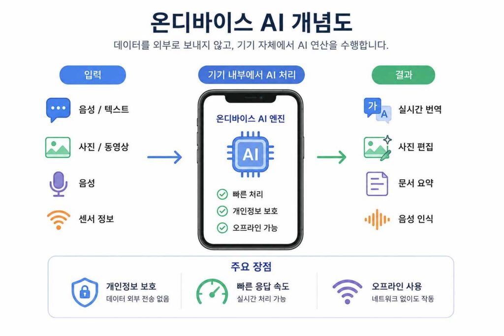 온디바이스 AI는 데이터를 클라우드로 전송하지 않고 기기 내부에서 AI 연산을 수행합니다.